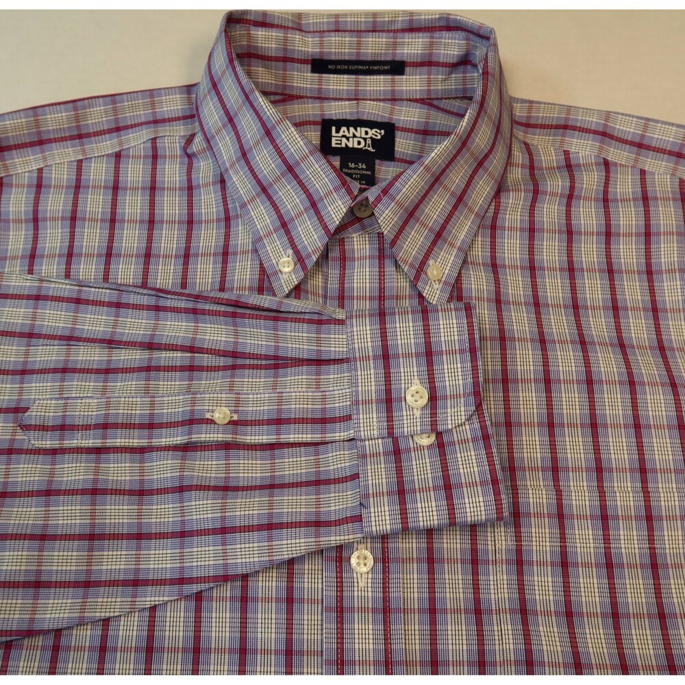 Lands' End Mens Size 16x34 Plaid Traditional Fit No Iron Supima Pinpoint Shirt